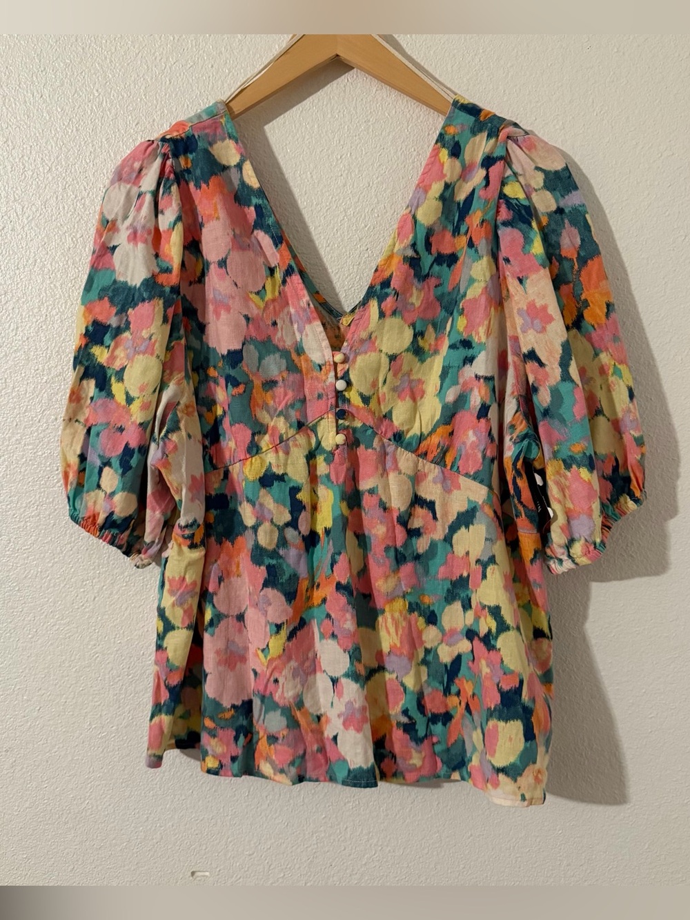 Gap Women's Linen Blend Deep V Puffy Short Sleeves Floral Top Size XL NWT